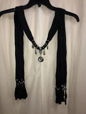 Womens Bling Black Rhinestone rings Bead Silver Scarf With HEART & CROSS Jewelry