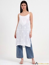 White Authentic Chikankari Sleeveless Kurta Hand-Embroidered Lucknowi Kurta
