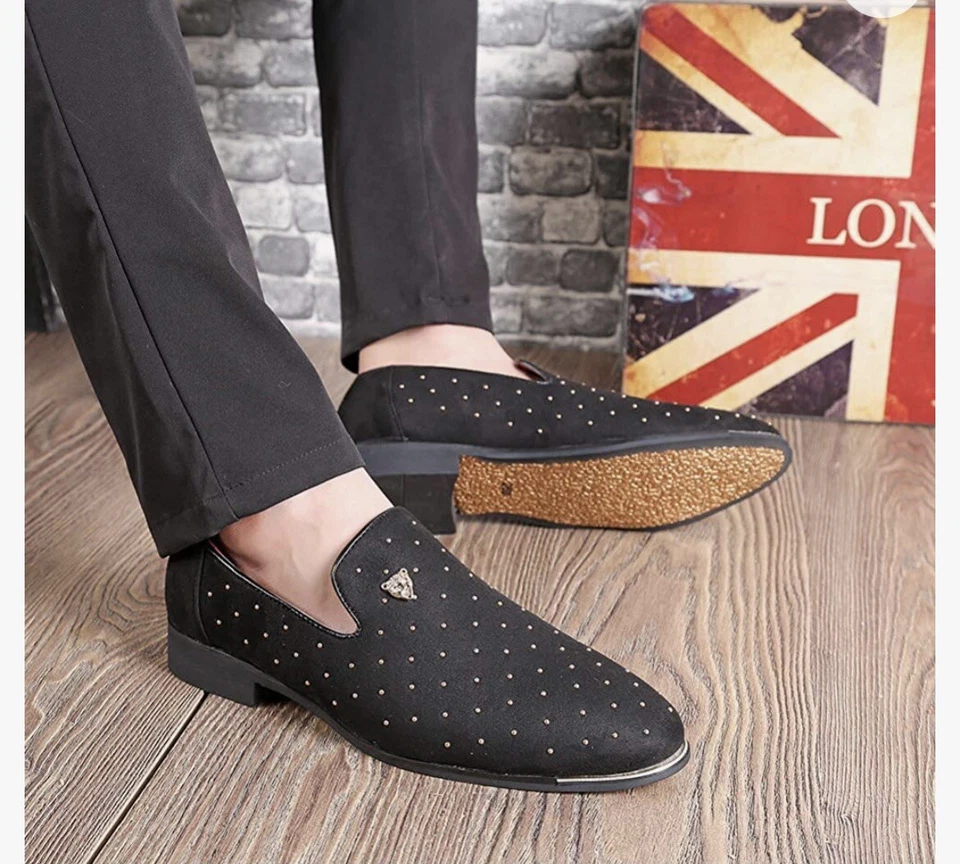 Mocassins masculinos de veludo preto festa banquete tachas de ouro sapatos sociais sólidos Business-38 - Imagem 3 de 4