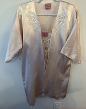 Sleep Solutions Nightie Robe Set Womens Small Pink Satin Vintage Made In USA