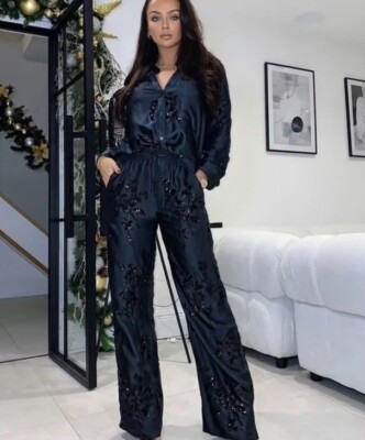 ZARA New EMBROIDERED Beaded SEQUIN PANTS Black XL XXL 2731/291