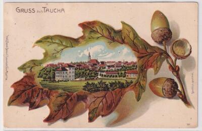 91691 Oak Leaf Postcard Lithograph Greetings from Taucha Total View 1905