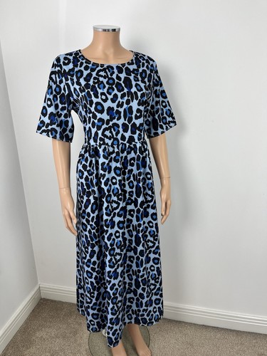 New Blue Black Animal Leopard Print Fit & Flare Short Sleeve Midi Dress L 14 - Picture 6 of 9