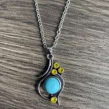 Abstract Design Turquoise and Crystal Pendant Necklace Silver
