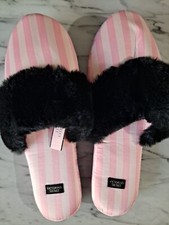 Victoria  s Secret Signature Satin Slippers Pink Stripe with Stylish Bag 9-10 