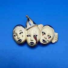 Vintage AJC Gold Tone Triple Clown Face Brooch 3.5" Signed Enamel Jester Circus