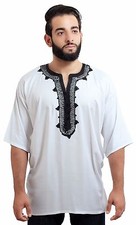 Moroccan Men Tunic Shirt Cafan Casual Handmade Embroidered Cotton Large White