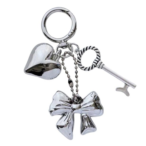Stylish Bowknot Pendant Keychain with Silver Heart Adornment for Keys and Bags - Zdjęcie 7 z 8