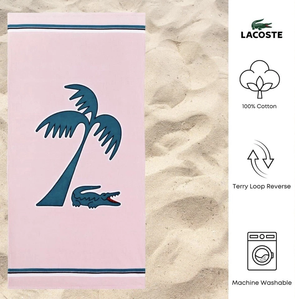 Authentic Lacoste Murphy Beach Towel Pink /Teal 36x72” Alligator Logo & Palm - Image 3 of 4