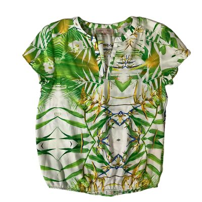 Philosophy Tropical Print Short Sleeve Blouse Split Neck Womens Size Small