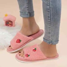 Slippers Open Toe House Shoes Soft Warm Slide Strawberry Pattern US Size 7.5 - 8