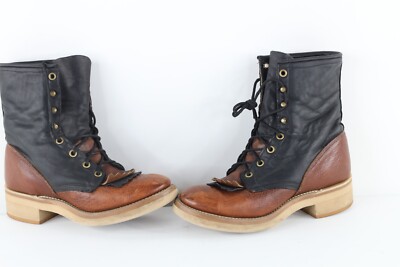 Vintage 90s Streetwear Womens 6.5 M Color Block Fringed Leather Logger Boots USA