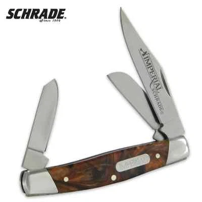 Schrade Imperial Stockman Folding Pocket Knife Red Amber Swirl Handle IMP16S