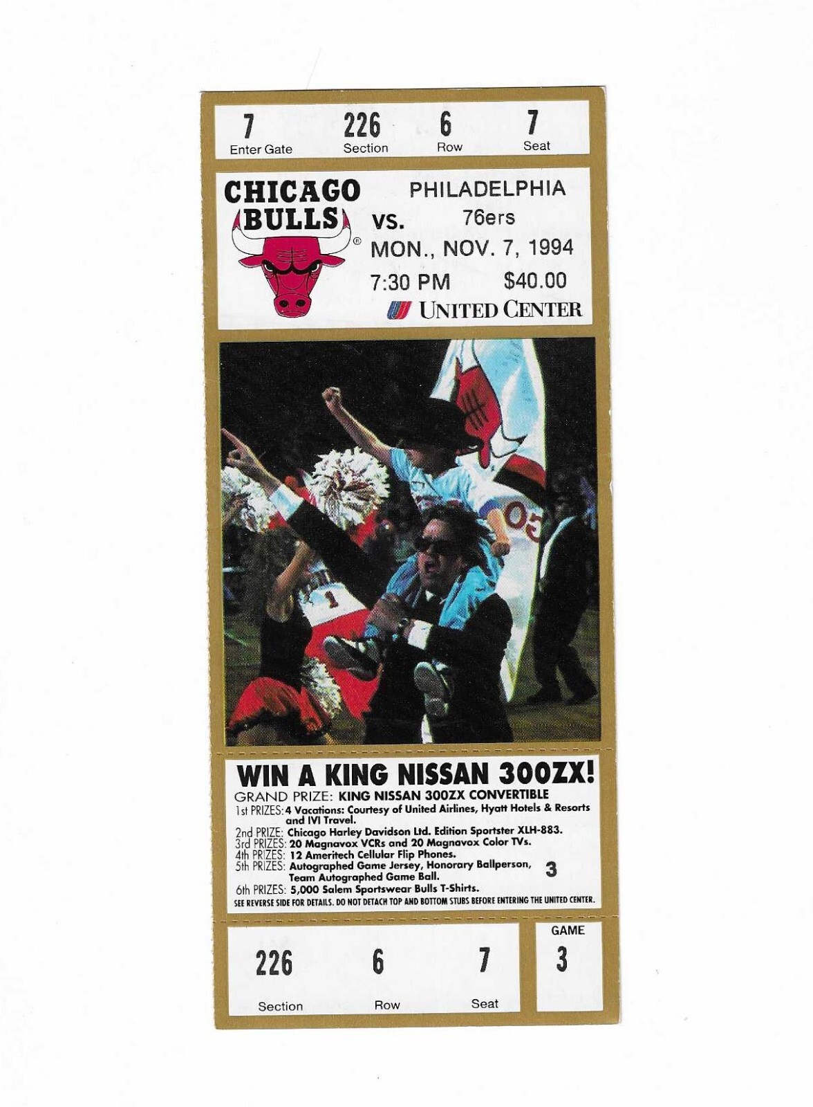 Chicago Bulls vs Philadelphia 76ers Unused Basketball Ticket From 11/7/1994