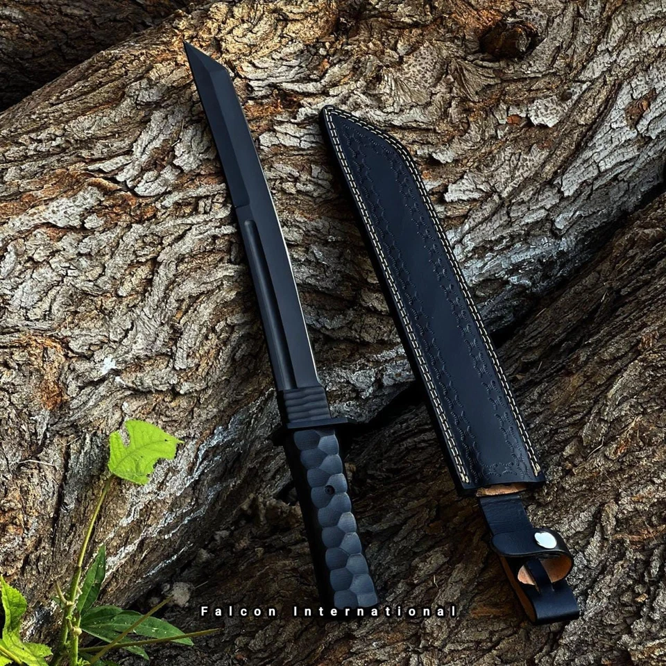 CUSTOM HANDMADE SPRING STEEL 5160 HUNTING TANTO KNIFE W/LEATHER SHEATH | CAMPING - Image 2 of 2