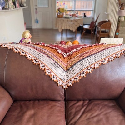 NEW Artisan Handmade Crochet Triangle Shawl Boho Fall Wrap Scalloped Edge 68x48