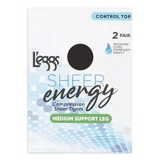 L'eggs Sheer Energy Medium Leg Support Control Top Tights 2 Pairs Off Black Sz Q