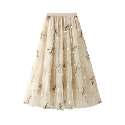 Dragonfly Embroidery Mesh Midi Long Skirt Women's Spring Summer High Waist Fashi