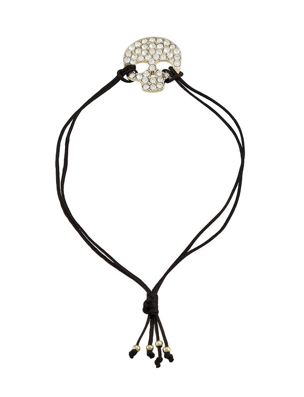 Adjustable Brown Nylon Cord Bracelet with Rhinestone Encrusted Rhinestone Skull