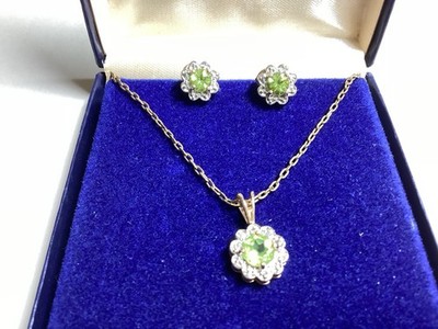 Ross Simons 925 Gold Tone Flower Peridot Necklace & Earrings Set Vtg. Free Ship