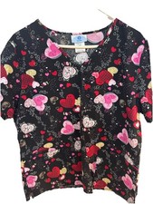 SB Scrubs Large Top Red Pink Hearts on Black Pockets Cotton Valentines