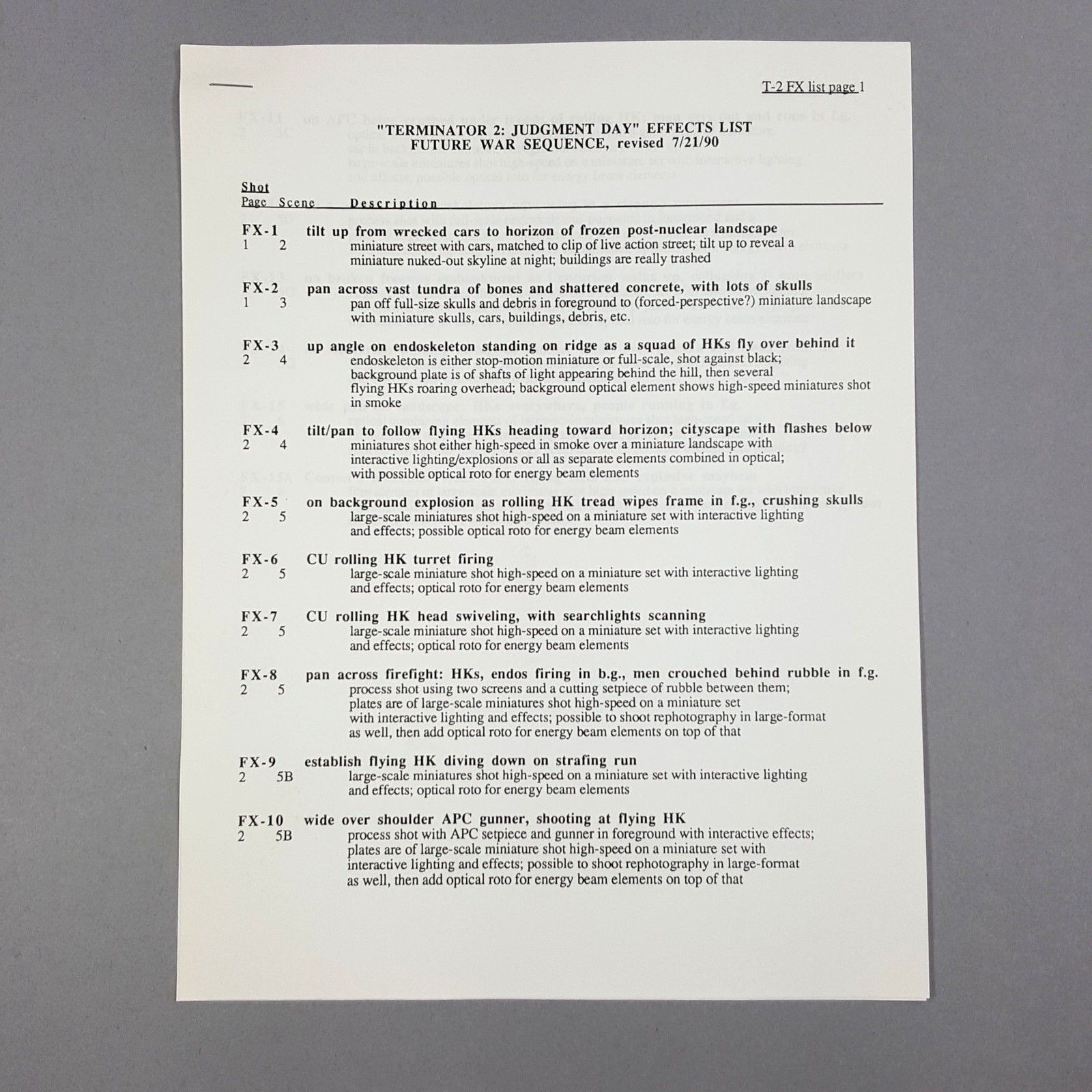 Image 2 of Terminator 2 - Production Used Future War Effects List from Lightstorm Office