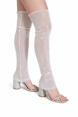 Cape Robbin Silver Rhinestone Mesh Over the Knee Sandal Boots Open Toe
