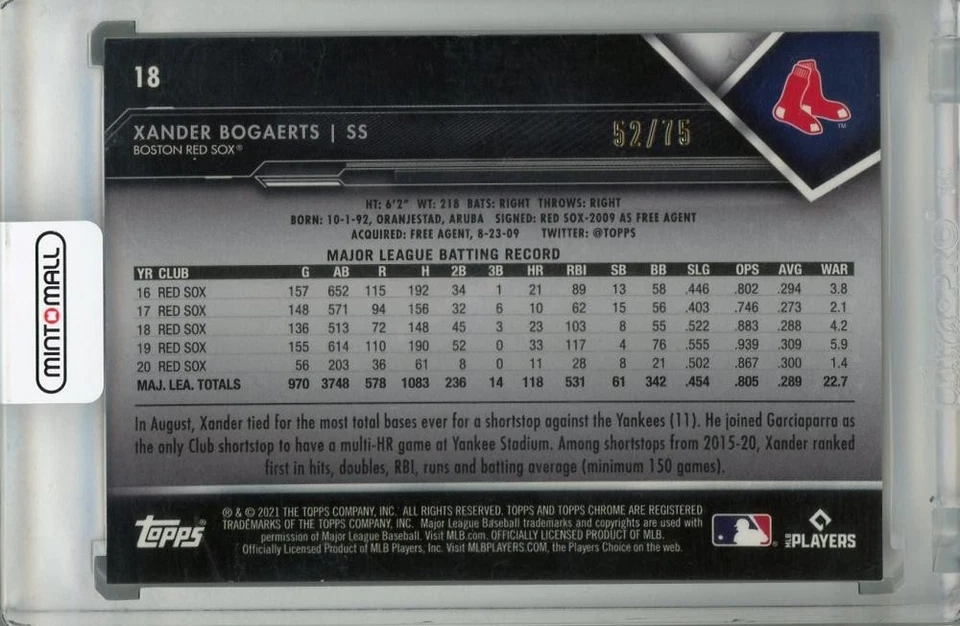 2021 Topps Chrome Black Xander Bogaerts Blue Refractor /75 Red Sox Card - Image 2 of 2