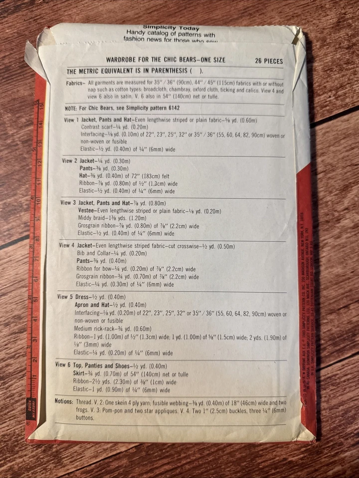 Vintage 1983 Simplicity 6143 Wardrobe Clothes For Chic Bears Sewing Pattern - Image 2 of 3