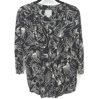 Maeve Blouse Women 0 Black Bird Print Pleated V-Neck 3/4 Sleeve Anthropologie