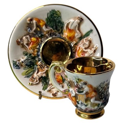 Keramos Capodimonte Tea Cup Saucer Set Demitasse Grape Harvest