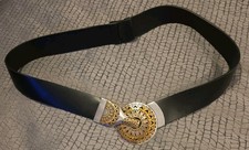 CHICO'S ADJUSTABLE BELT M/L BLACK LEATHER SILVER/GOLD TONE HOOK MEDALLION BUCKLE