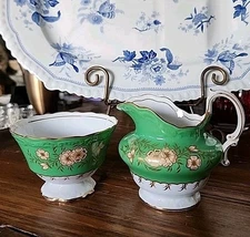 Antique Spode Copeland Sugar & Creamer Green Gold Gilded Florals 2899
