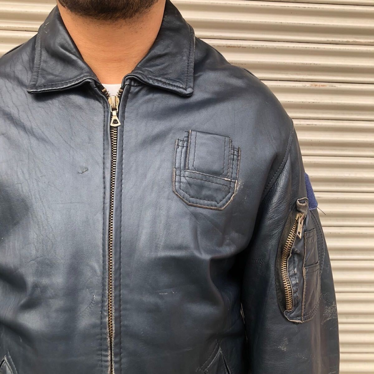 70s French pilot leather jkt ヴィンテージ 70's] French Air Force Pilot Leather Jacket with China Strap