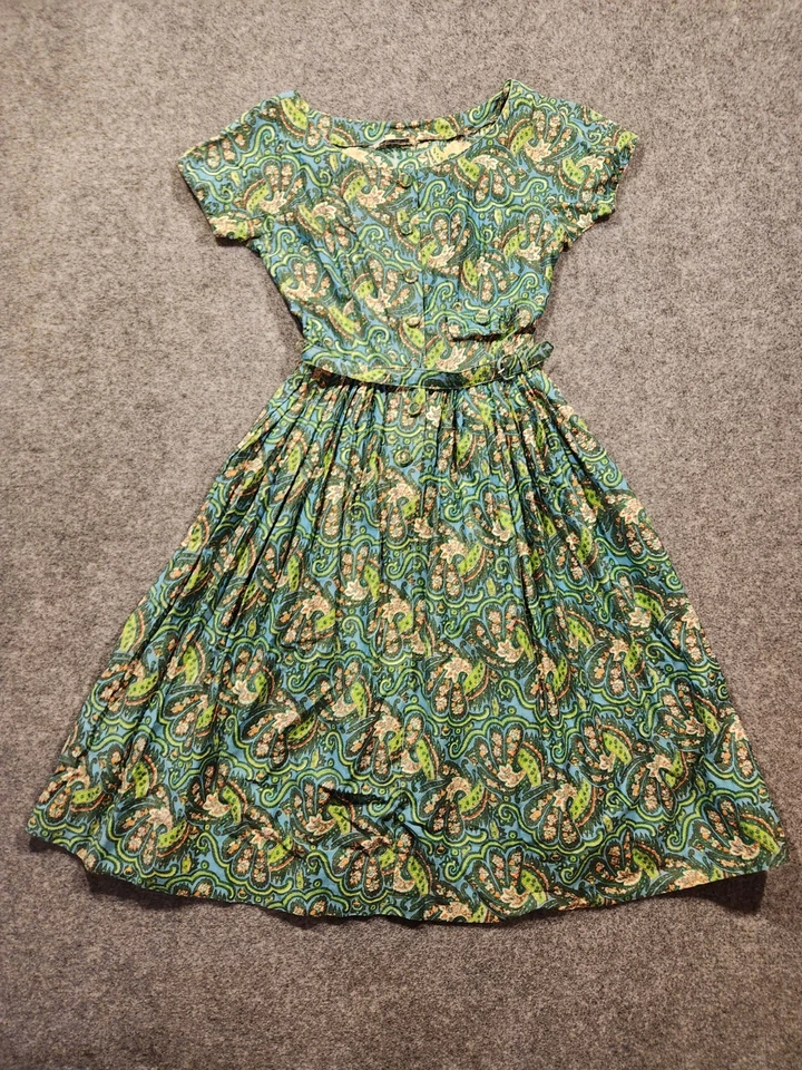 JERRY GILDEN Spectator Dress Women XS/S Small Green Blue Paisely 1950s Pin-Up - Image 2 of 4