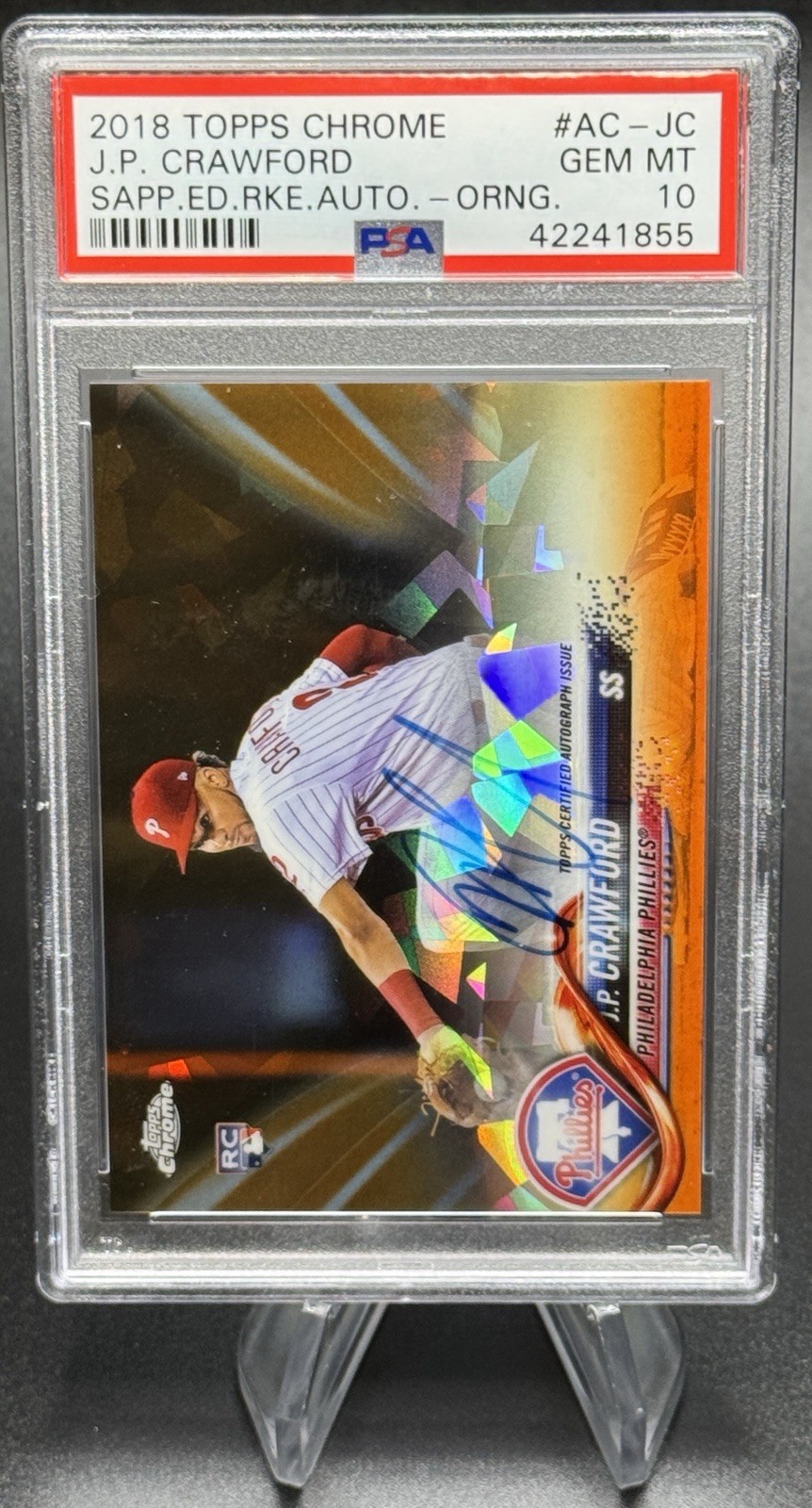 2018 Topps Chrome Sapphire JP CRAWFORD Orange Refractor RC Auto /25 PSA 10 Pop 1 view 3