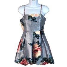 Crystal Doll Juniors Gray Floral Print Satin Bubble Hem Party Mini Dress Size 5