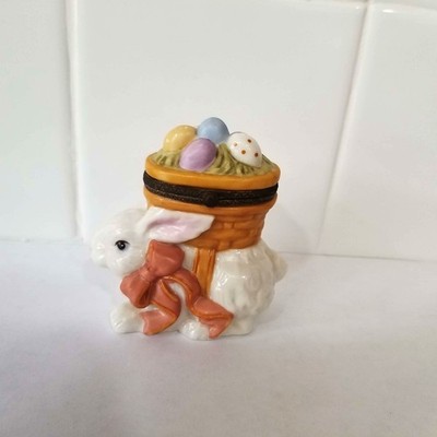 Easter Bunny Rabbit Porcelain Keepsake Hinged Box With Eggs in Basket