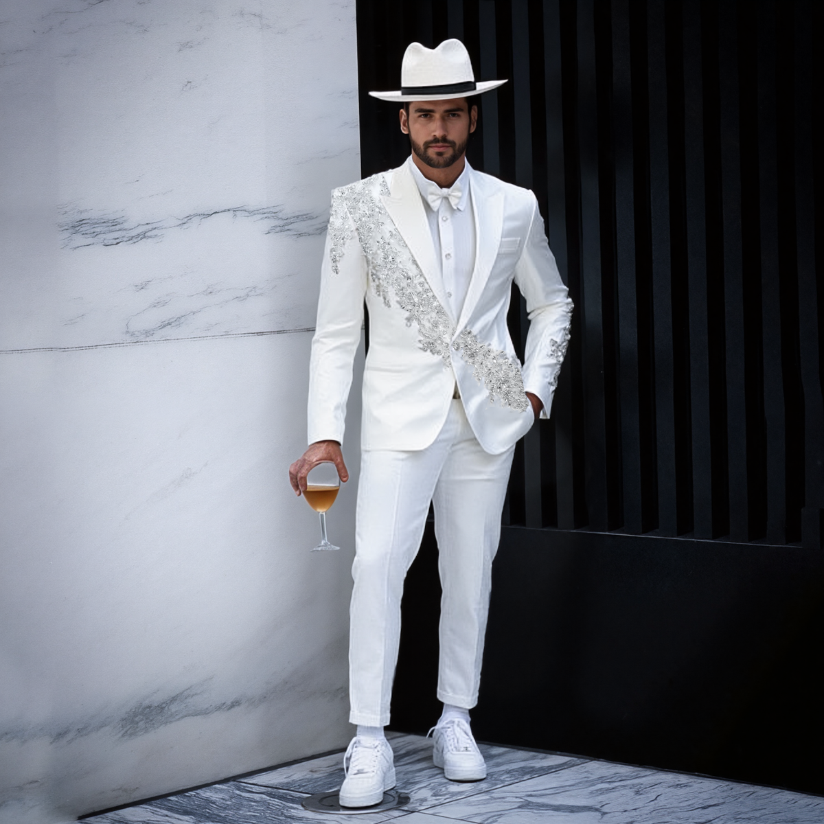 Men's Luxury White Diamonds Suits Formal Groom Jacket Pant for Wedding  Banquet