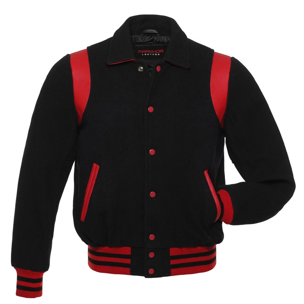 Letterman Baseball Moto Black Wool & Leather Bomber Biker Sports Varsity Jacket