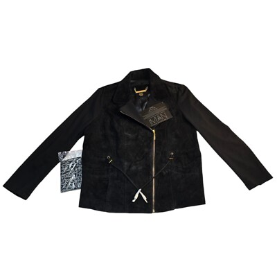 NWT IMAN  Global Chic Faux Suede Moto Jacket Black Size Large