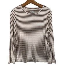 Time and Tru Women Top Sz XL Brown/White Striped Long-Slv T Shirt Crew Neck Soft