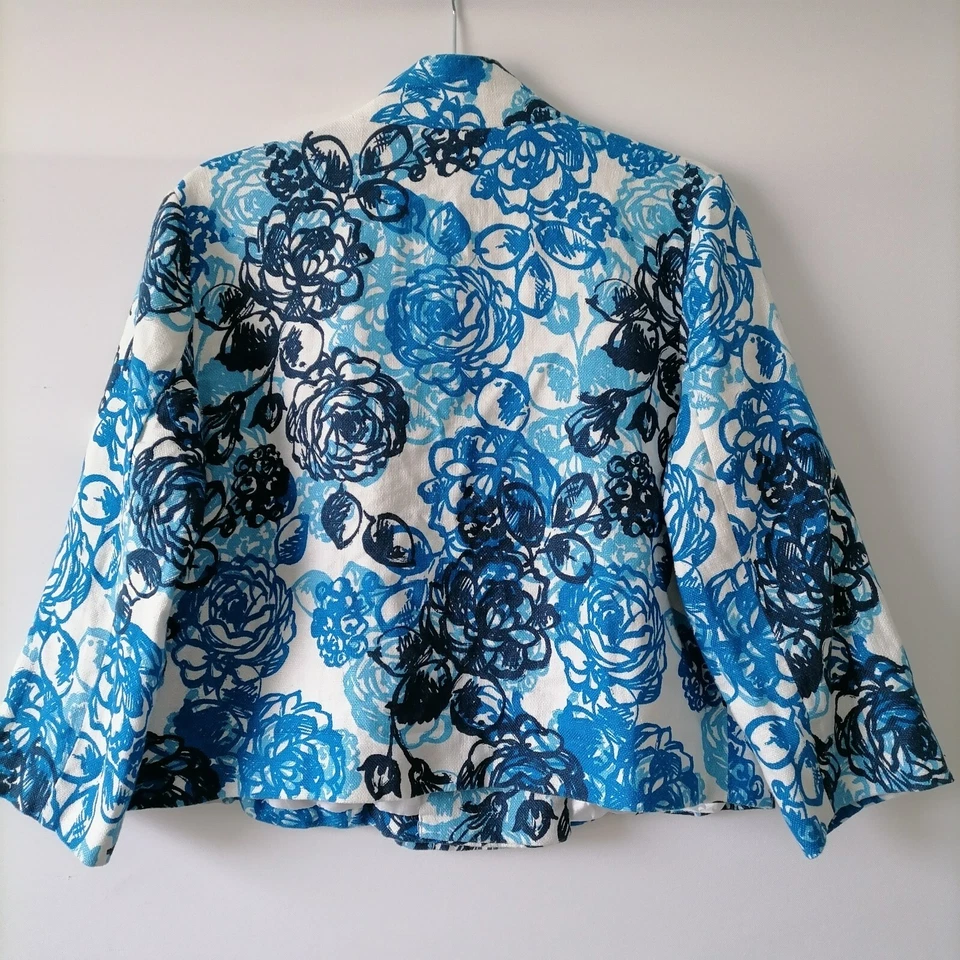 Chaqueta de lino Tweeds para mujer azul y negra floral manga larga un botón talla L Foto 4 de 4