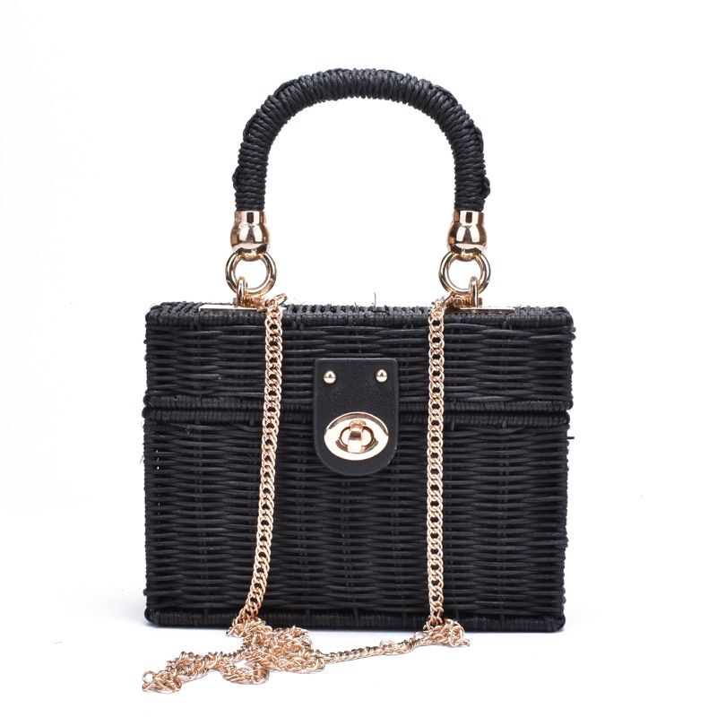 Black Straw Shoulder Bag Handwoven 19*14*7CM Bag Beach Square Box