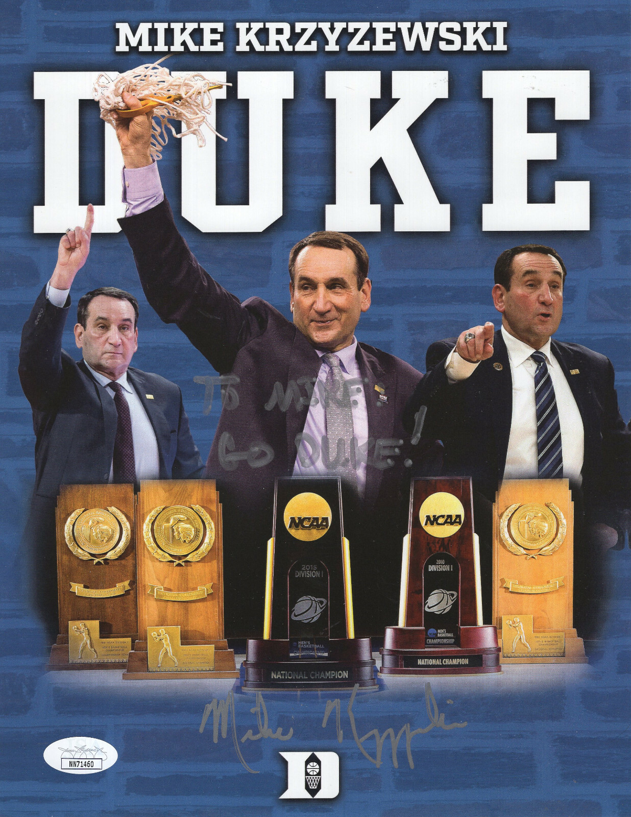 Mike Krzyzewski Autographed Signed Duke Blue Devils HAND 8x11 COLOR PHOTO COACH JSA 