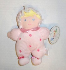 New Prestige Baby Pink Doll Plush Rattle 3173 Blonde Hair Satin Bonnet Flowers
