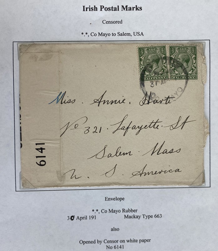 1910s Mayo Ireland Censored Cover To Salem MA Usa