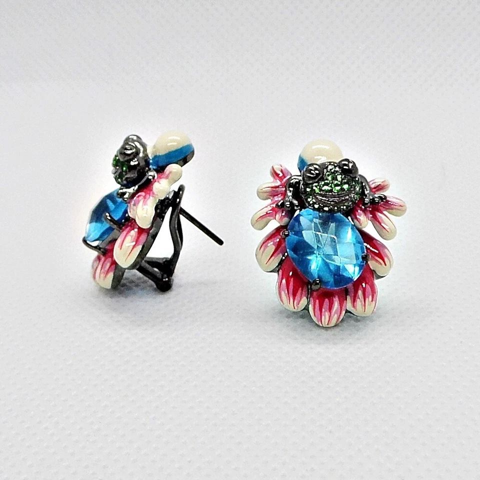 Zirkonia Emaille Ohrringe FROSCH 925 Black Rhodium Silber - Bild 2 von 4