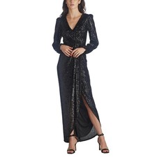 XSCAPE Black Sequin Long Sleeve Wrap Evening Dress Gown 4664x Size 10 NWT Flaws
