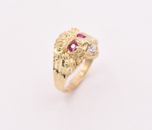 Men's Unisex Lion Head Ring Pink Eyes Real Solid 10K Yellow Gold Size 8 - Picture 2 of 6